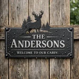 personalized hunting lodge decor metal sign mounted on weathered fence