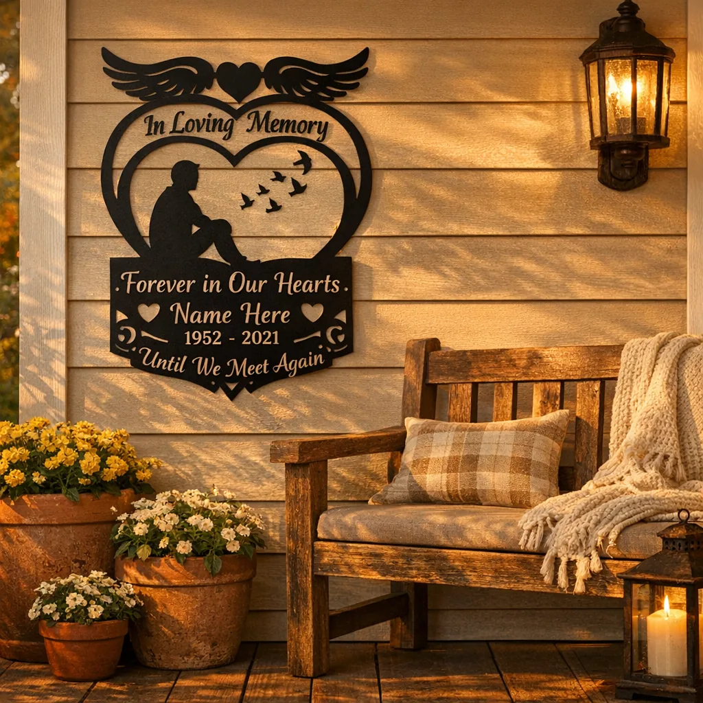 Front porch with personalized loss remembrance decor metal sign hung near potted plants