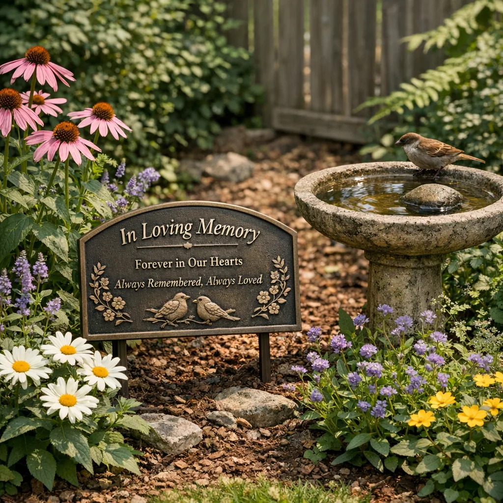 Backyard memorial garden with personalized loss remembrance decor metal plaque among flowers