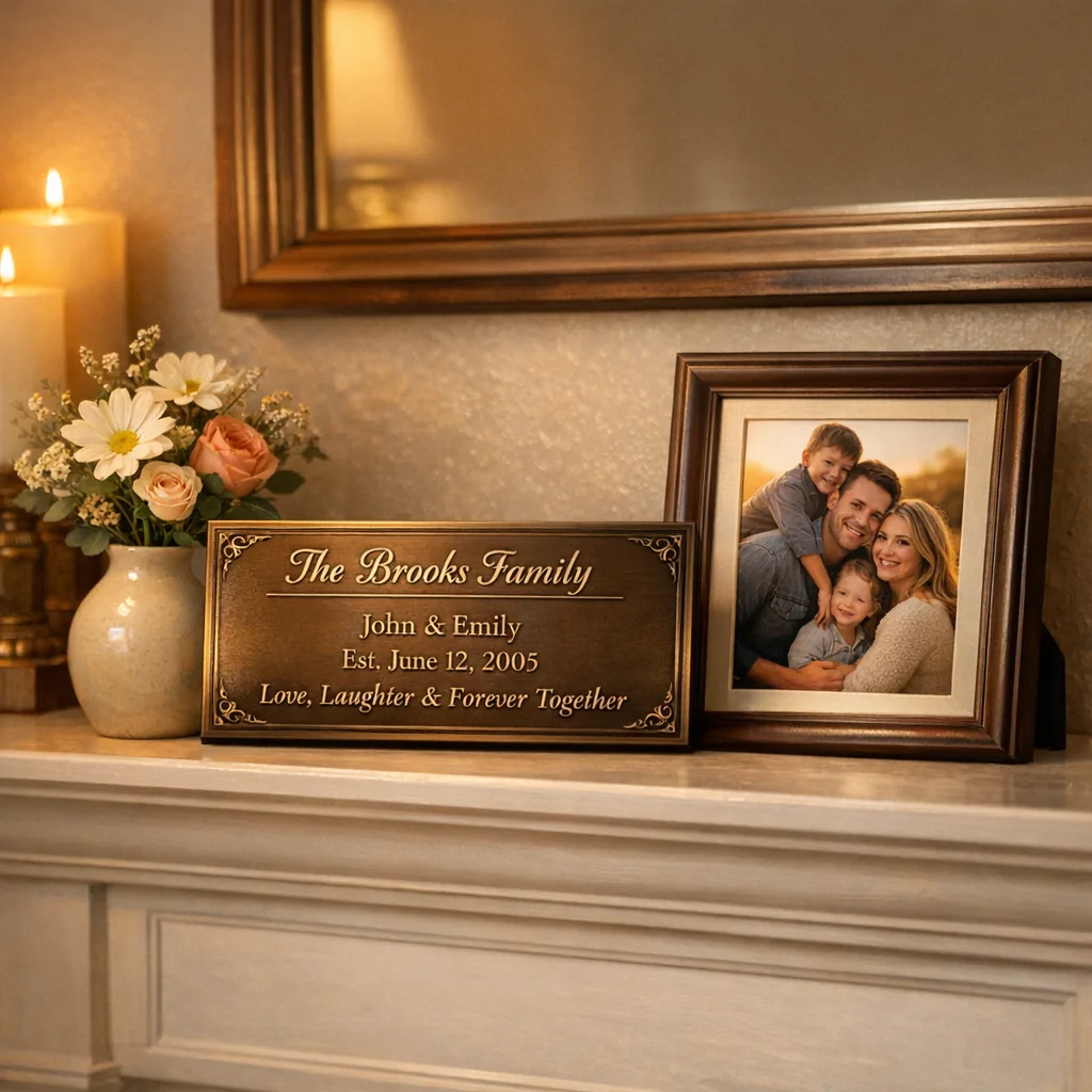 Indoor mantel with a personalized loss remembrance decor engraved metal plaque and photo