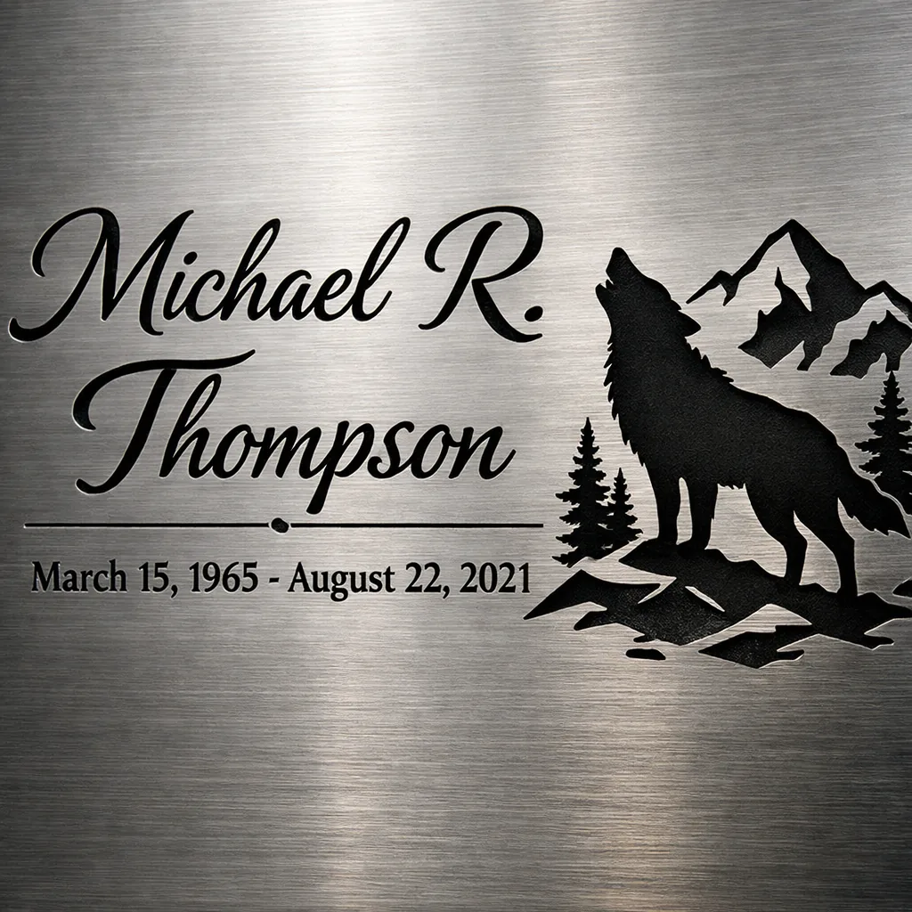 Close-up of personalized loss remembrance decor laser-cut metal plaque with name and dates