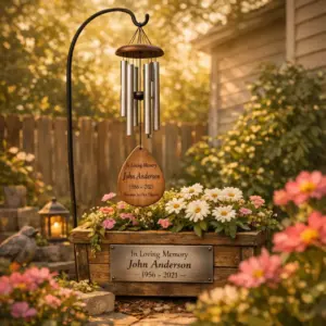personalized memorial wind chimes hanging in a sunlit backyard memorial corner