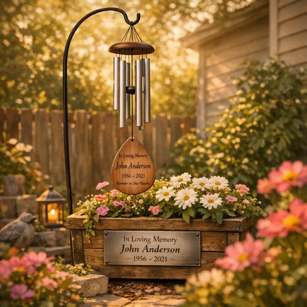 personalized memorial wind chimes 1 personalized memorial wind chimes hanging in a sunlit backyard memorial corner