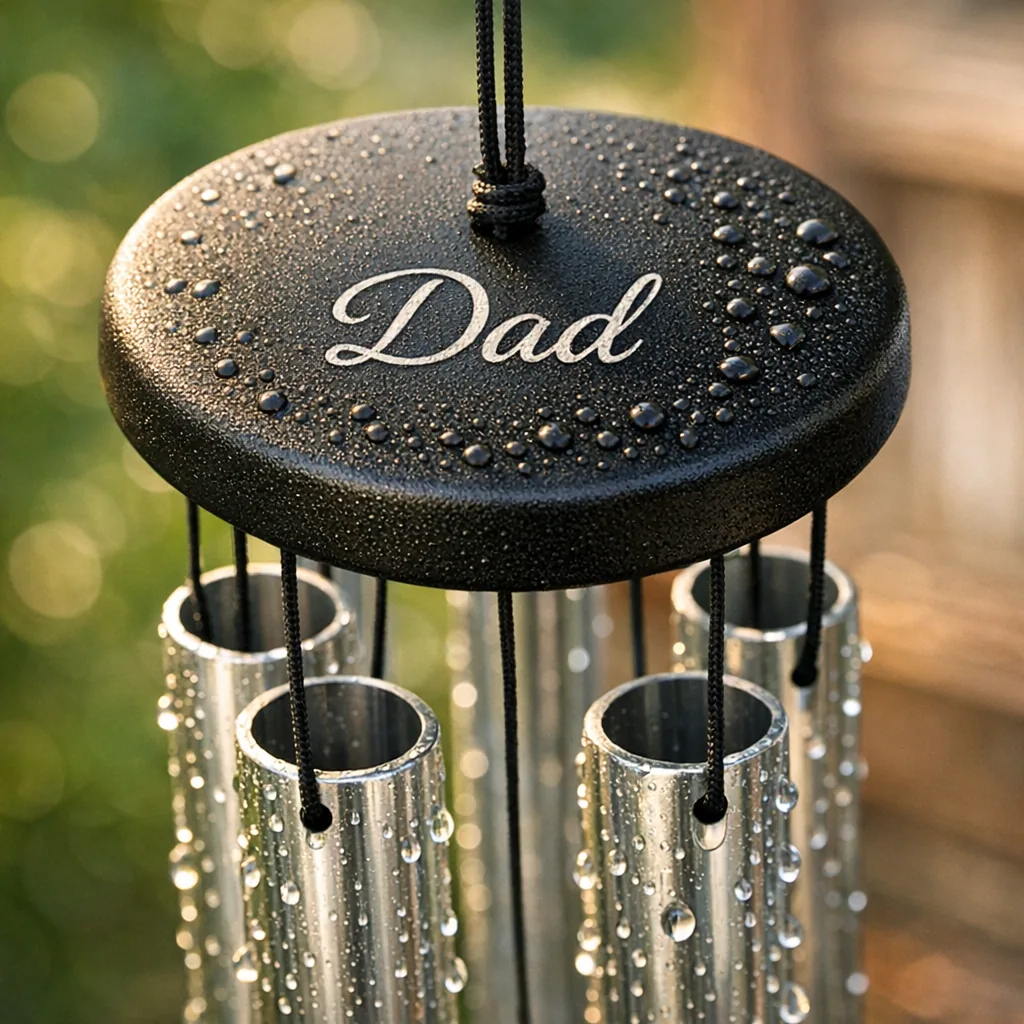 personalized memorial wind chimes 2 close-up of a personalized memorial wind chime metal nameplate with engraving