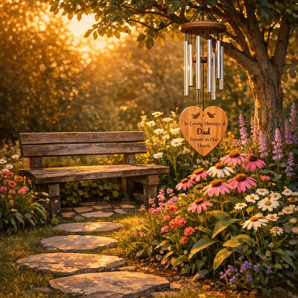 personalized memorial wind chimes 4 memorial garden with a personalized memorial wind chime above flower bed