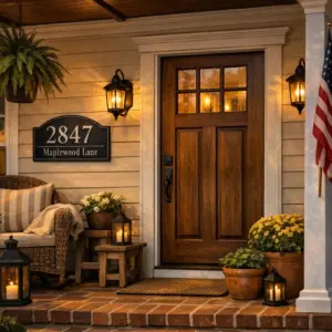 Personalized metal address plaque on a warm front porch