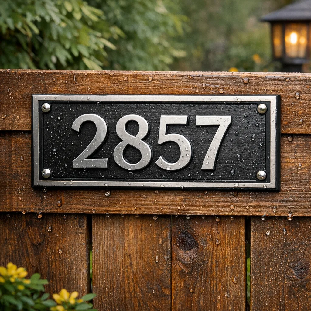 Personalized Metal Address Plaque Guide 2 Personalized metal address plaque mounted on an outdoor fence