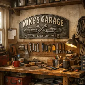 personalized metal garage signs hanging above a workbench in a warm garage interior