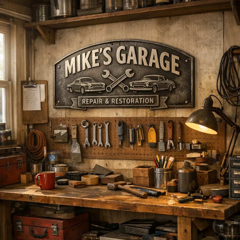 personalized metal garage signs hanging above a workbench in a warm garage interior
