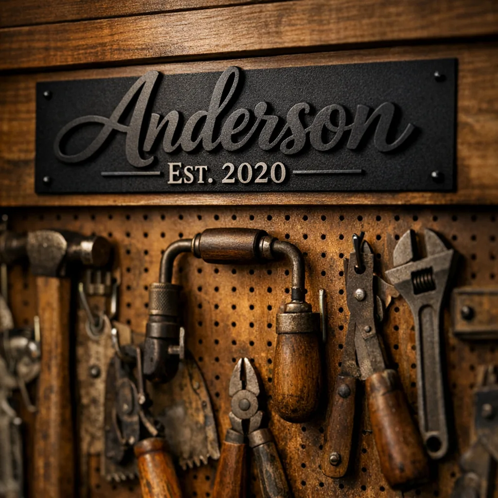 black powder-coated personalized metal garage signs over pegboard with tools