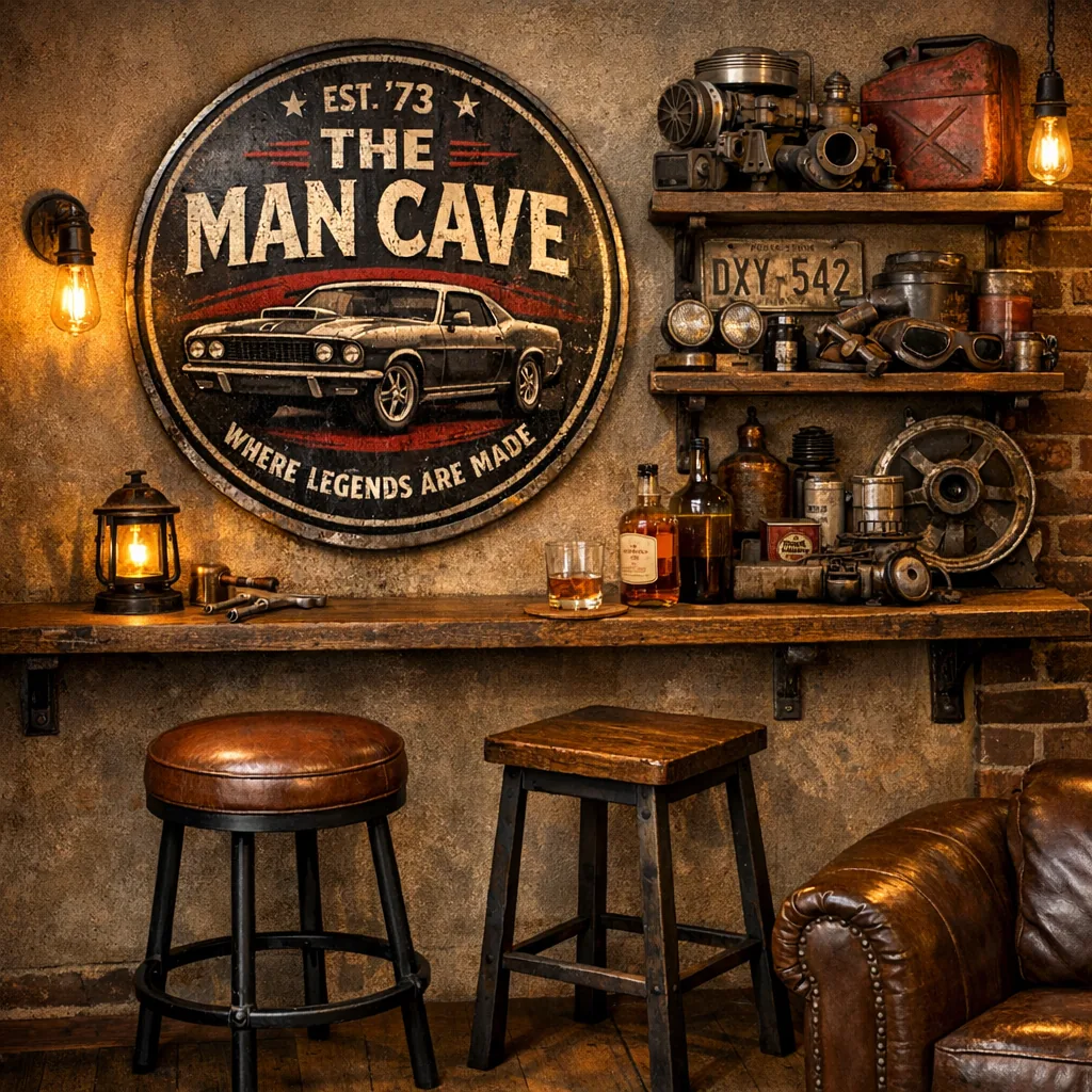 metal man cave sign in a cozy garage bar corner with stools and car parts