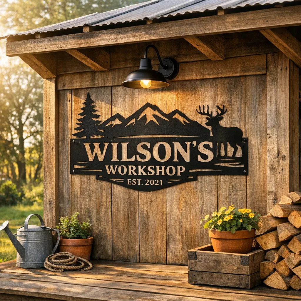 personalized metal garage signs mounted on a shed exterior under an overhang