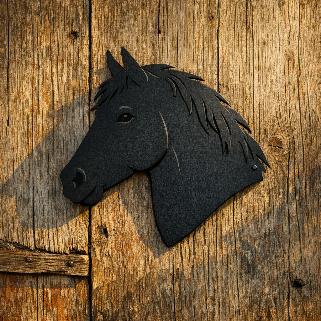 metal horse head plaque mounted on a barn wall as a personalized metal horse memorial