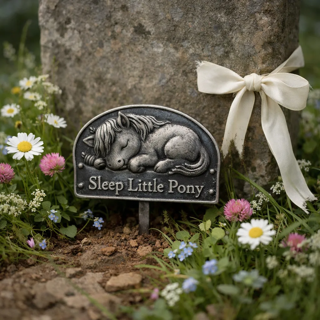 sleeping pony personalized metal horse memorial placed at a gravesite among wildflowers