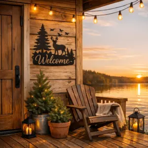 powder-coated personalized metal lake house decor welcome sign on a porch at golden hour
