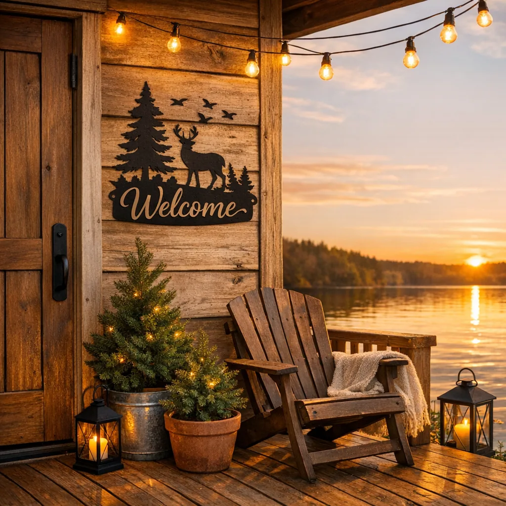powder-coated personalized metal lake house decor welcome sign on a porch at golden hour