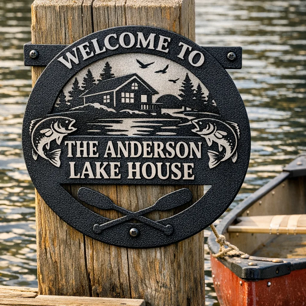 laser cut personalized metal lake house sign mounted on a dock with water reflections