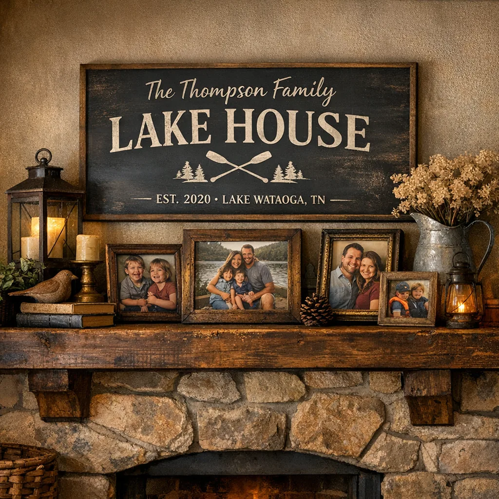 personalized family lake sign in matte finish above a stone fireplace as lakeside wall art
