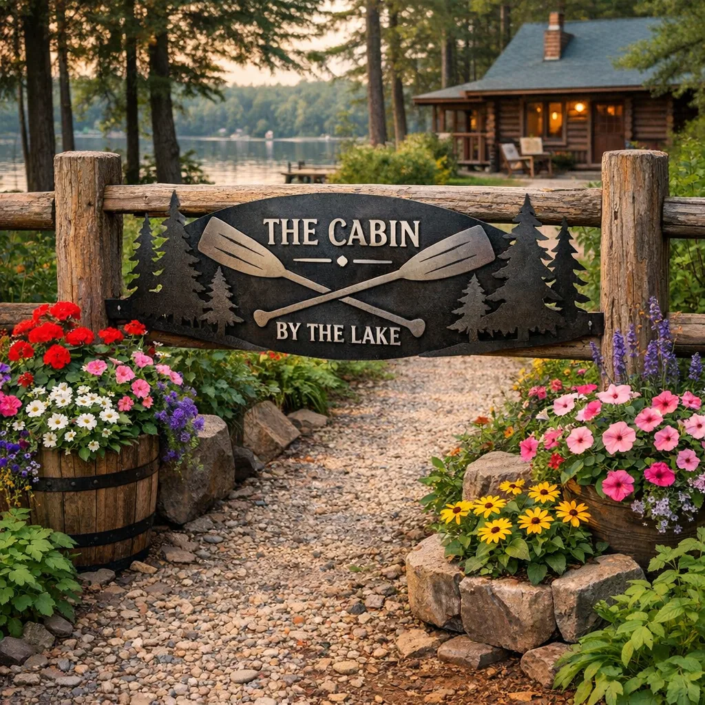 custom metal paddle sign with pine tree silhouettes as rustic lake house decor in a garden