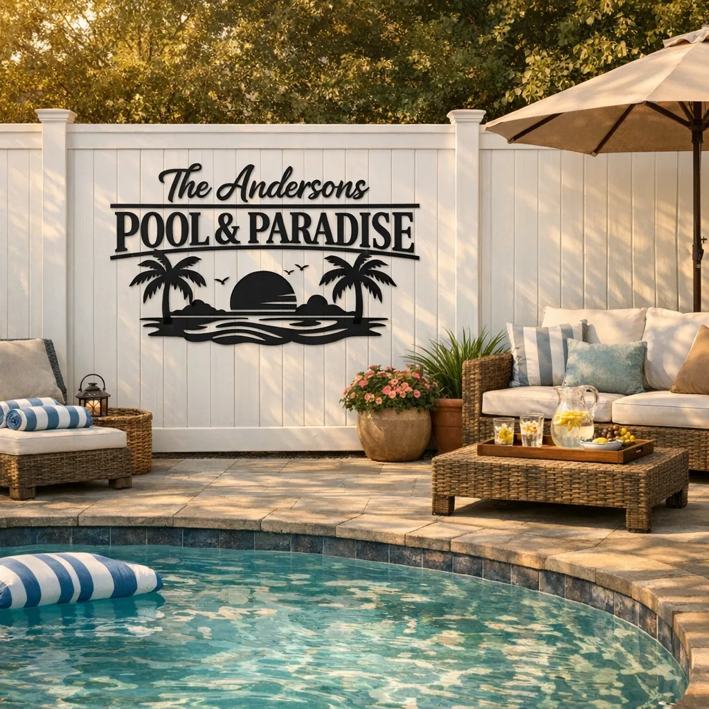 Personalized Metal Pool Signs for Outdoor Spaces 1 Personalized metal pool signs on a backyard fence by a swimming pool