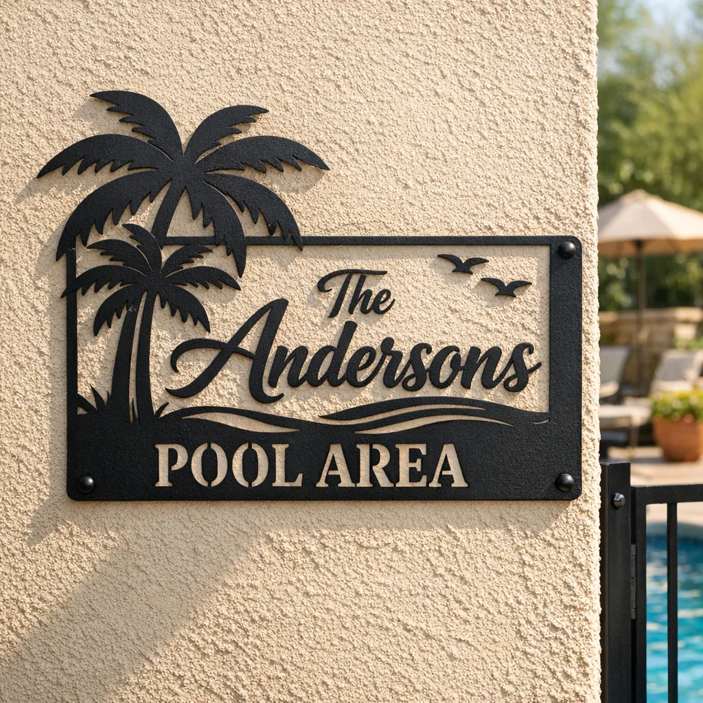 Personalized Metal Pool Signs for Outdoor Spaces 2 Personalized metal pool signs with palm tree design near a pool gate