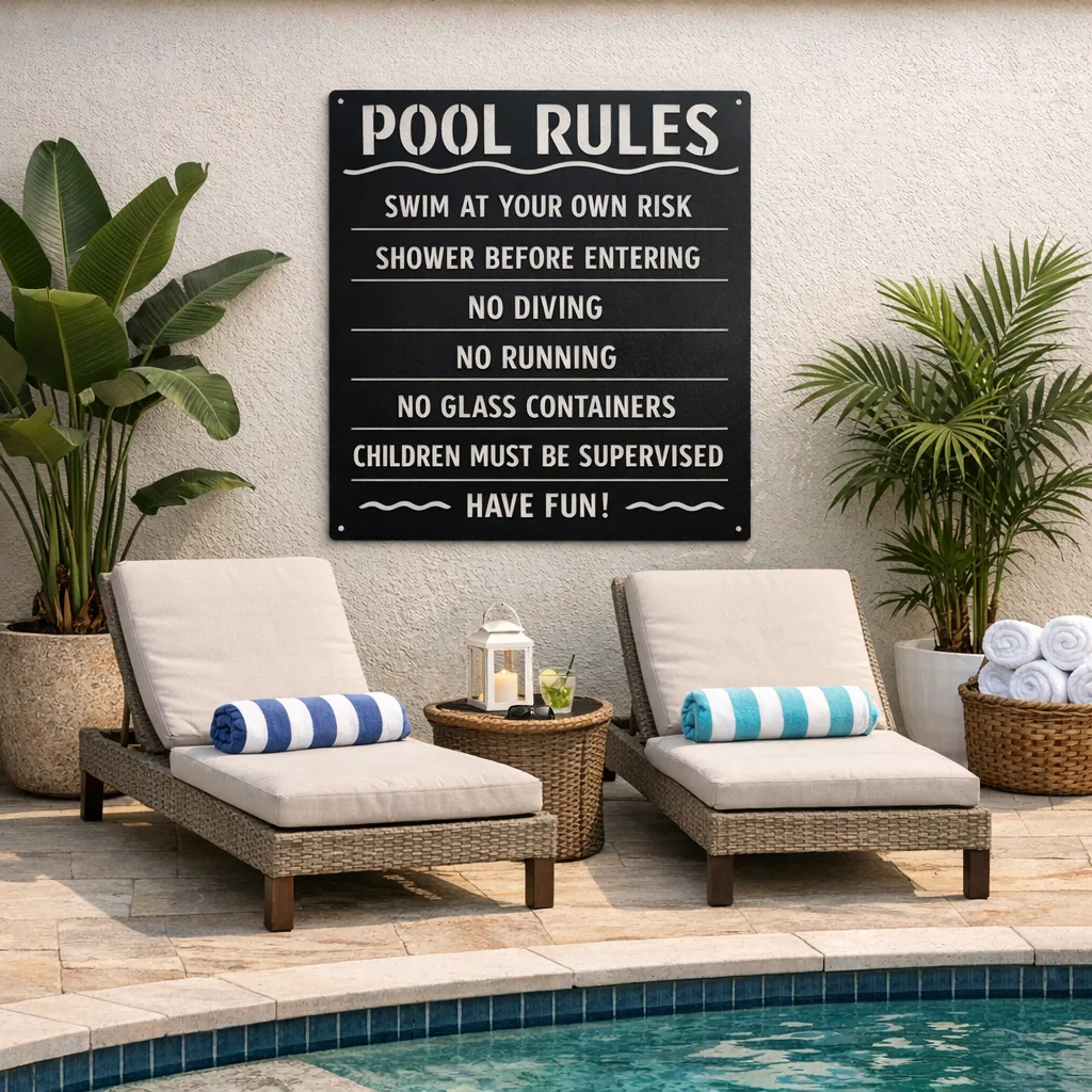 Personalized Metal Pool Signs for Outdoor Spaces 4 Personalized metal pool signs used as custom pool rules decor