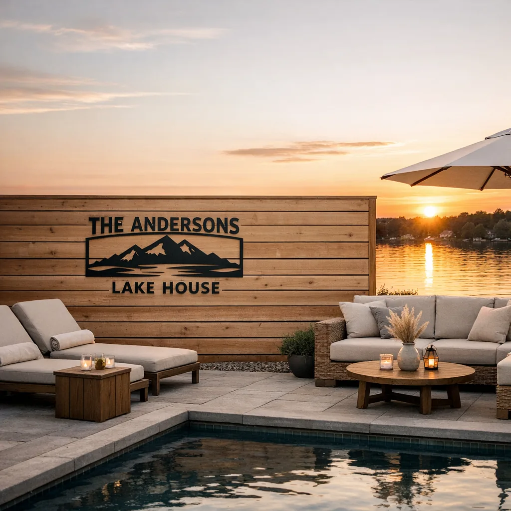 Personalized Metal Pool Signs for Outdoor Spaces 5 Personalized metal pool signs for a modern lake house pool deck