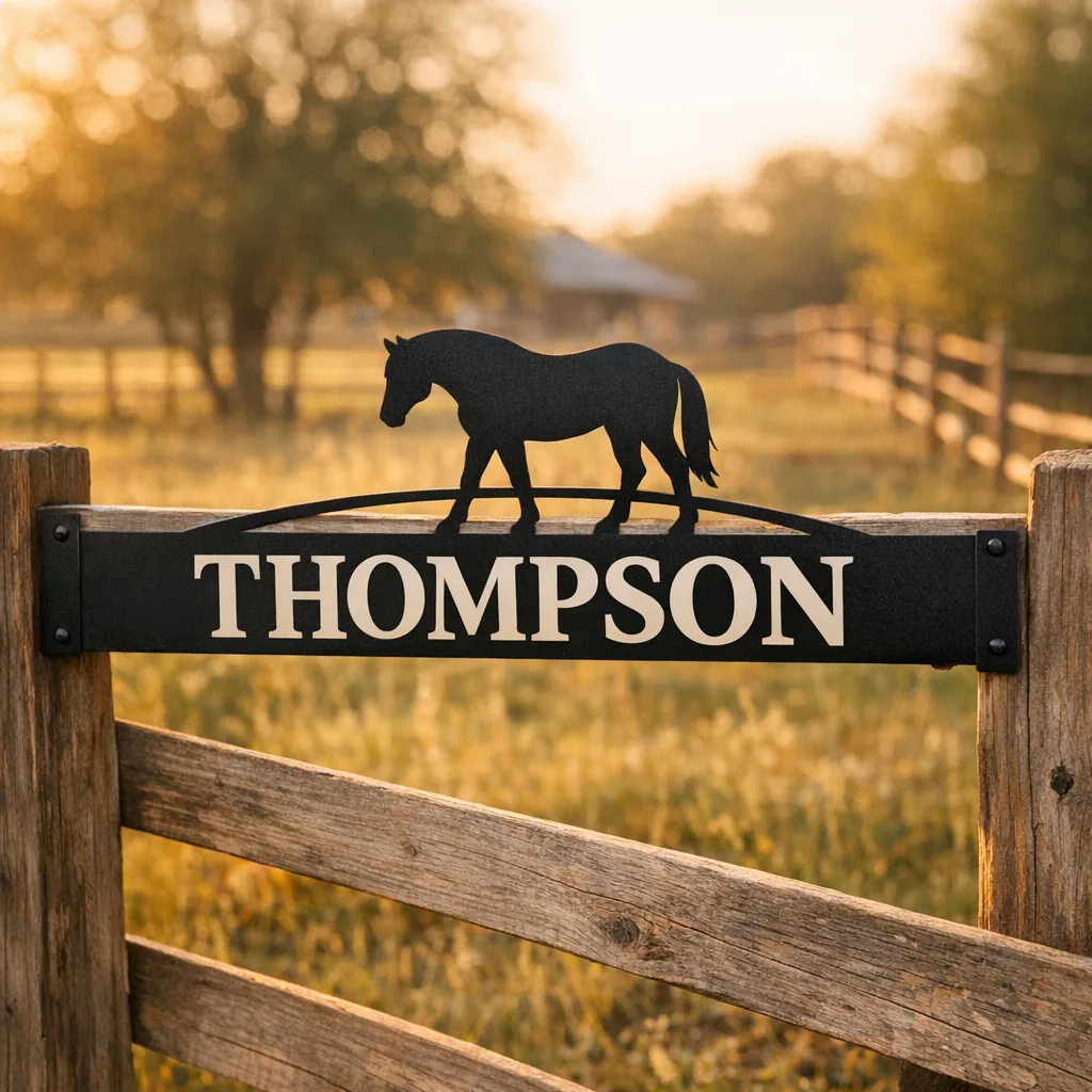 personalized metal ranch gate signs on a wooden farm gate at golden hour