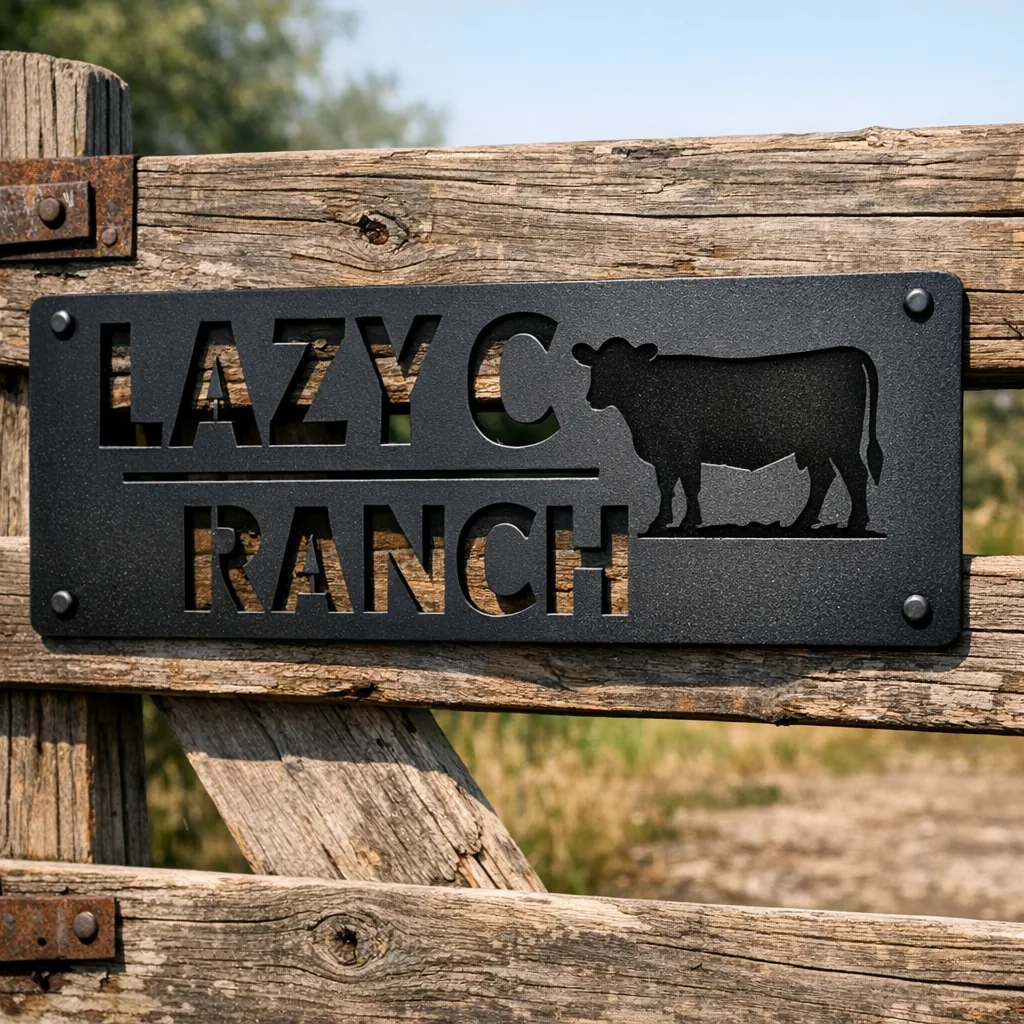 close-up of powder-coated steel personalized metal ranch gate signs with cattle silhouette