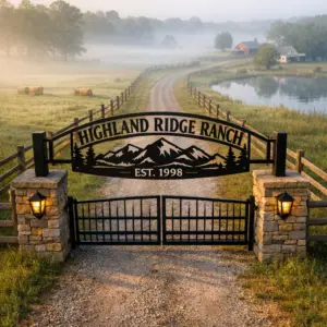 ranch driveway entrance with a personalized metal ranch gate sign showing mountains and established year