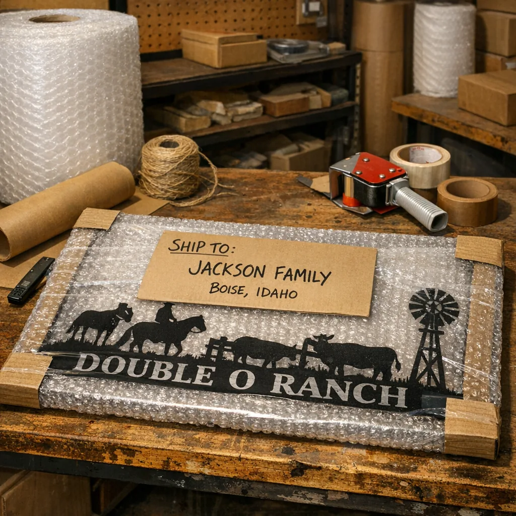 packing a personalized metal ranch gate sign for shipping from a workshop