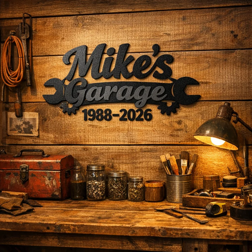 Personalized metal retirement signs on a workshop wall reading 'Mike's Garage 1988–2026'
