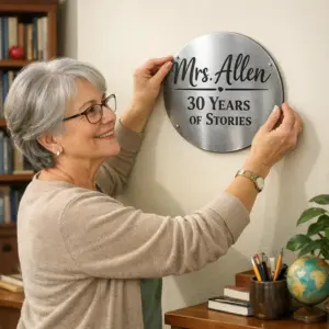 Retirement sign for a librarian reading 'Mrs. Allen — 30 Years of Stories' on an office wall