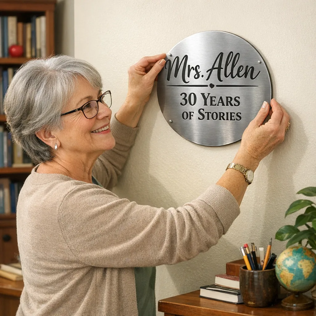 Retirement sign for a librarian reading 'Mrs. Allen — 30 Years of Stories' on an office wall
