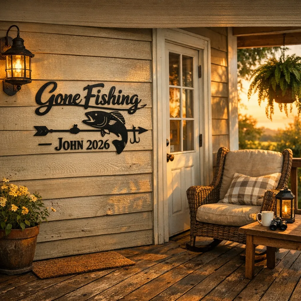 Outdoor porch with a personalized metal retirement sign 'Gone Fishing — John 2026'