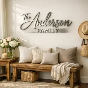personalized metal wedding gifts on a brushed metal family name sign above an entryway bench