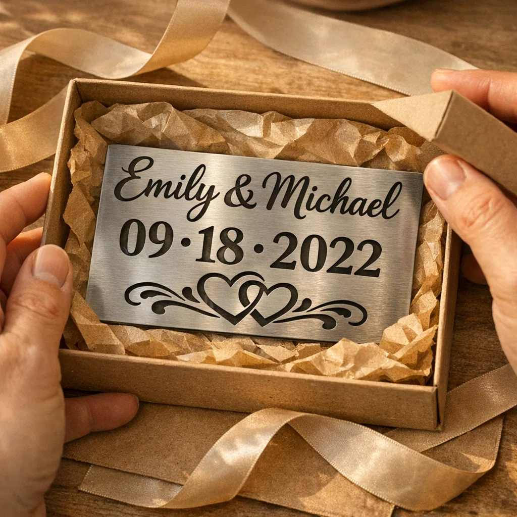 Personalized Metal Wedding Gifts 2 close-up of a personalized metal wedding gift wedding date plaque being opened