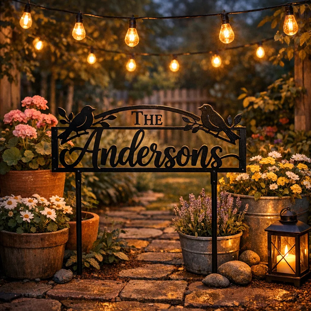 Personalized Metal Wedding Gifts 3 metal garden sign personalized as a wedding keepsake near potted plants and string lights