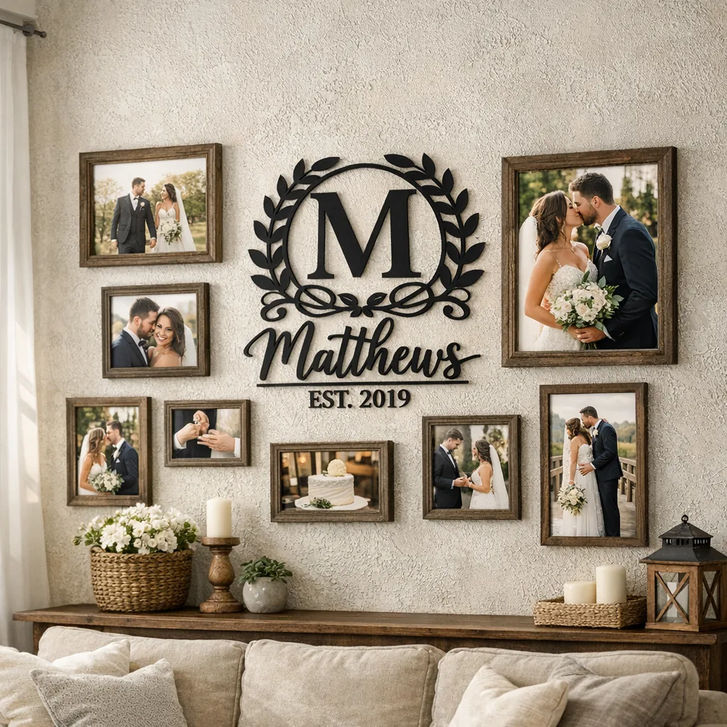 Personalized Metal Wedding Gifts 4 living room gallery wall featuring a personalized metal monogram sign and wedding photos