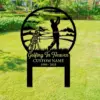 style-11.-Golfing-in-Heaven-2 Black metal yard stake in grass showing a golfer swinging next to clubs with text "Golfing In Heaven" and placeholder "CUSTOM NAME 1990 - 2025"