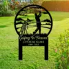 style-11.-Golfing-in-Heaven-3 Black metal yard sign in grass showing a golfer swinging with golf bag silhouette and text “Golfing In Heaven” and placeholder name and dates