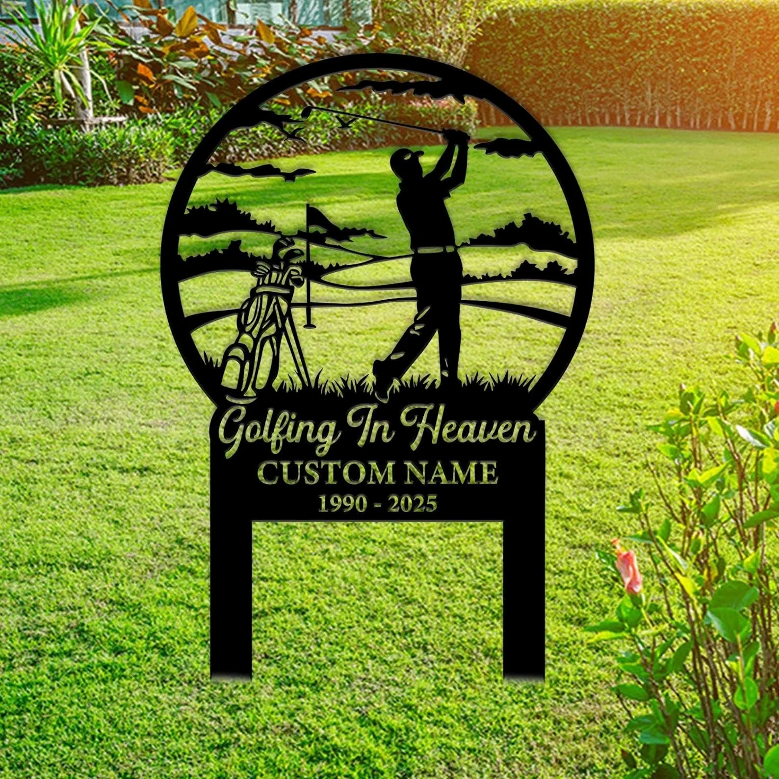style-11.-Golfing-in-Heaven-3 Black metal yard sign in grass showing a golfer swinging with golf bag silhouette and text “Golfing In Heaven” and placeholder name and dates