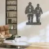 Modern living room with a metal wall art of two firefighters holding hands and a 'CUSTOM NAME' plaque, near a shelving unit and lounge chair
