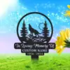 Black metal memorial yard sign with a howling wolf and pine trees, text reading "In Loving Memory Of" with placeholder "CUSTOM NAME 1950 - 2024", staked in grassy lawn