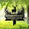 Black metal memorial yard sign with a deer silhouette, trees and antler design reading "In Loving Memory" and placeholder "Custom Name" with dates 1982 - 2024, staked in a grassy park