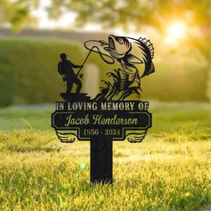 custom angler memorial garden stake — personalized fisherman tribute sign with name & dates