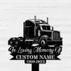 Black silhouette of a semi truck over text reading "In Loving Memory Of" with placeholder "CUSTOM NAME" and dates "1969-2023" on a white wood plank background