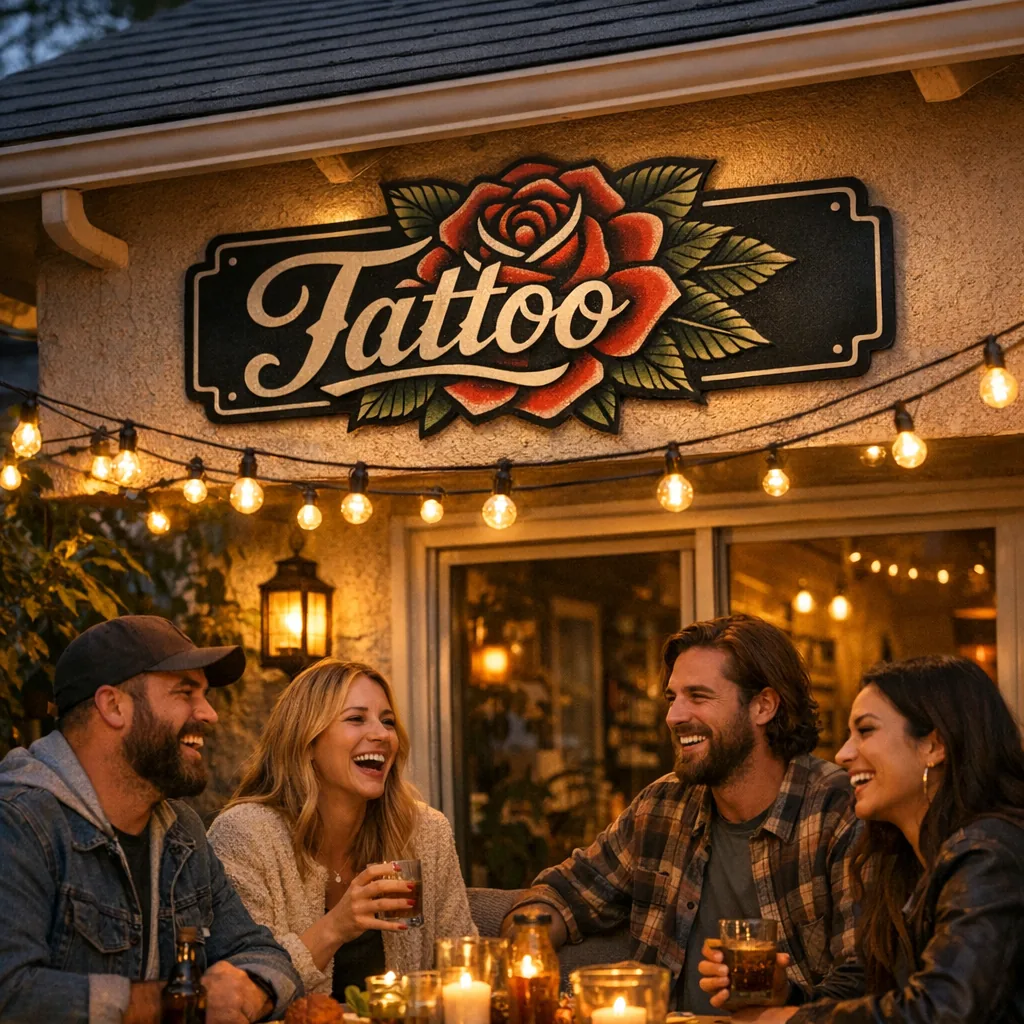 Cozy backyard scene with powder-coated metal tattoo home decor sign hanging above patio, capturing tattoo home decor vibe