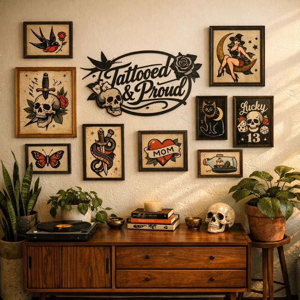 Gallery wall featuring tattoo home decor with framed flash and a custom laser-cut metal sign, showcasing tattoo home decor in a living room