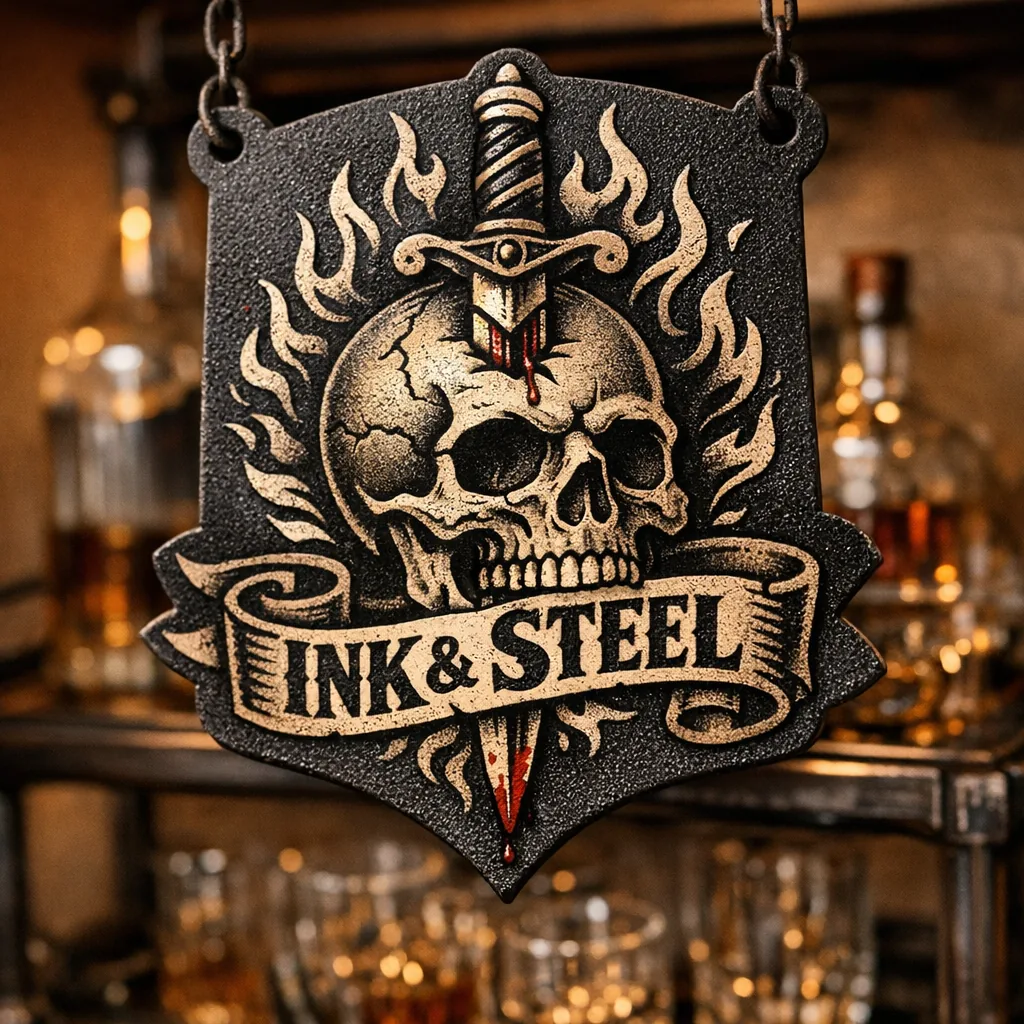 Close-up powder-coated steel tattoo home decor sign with skull and dagger motif over a bar cart